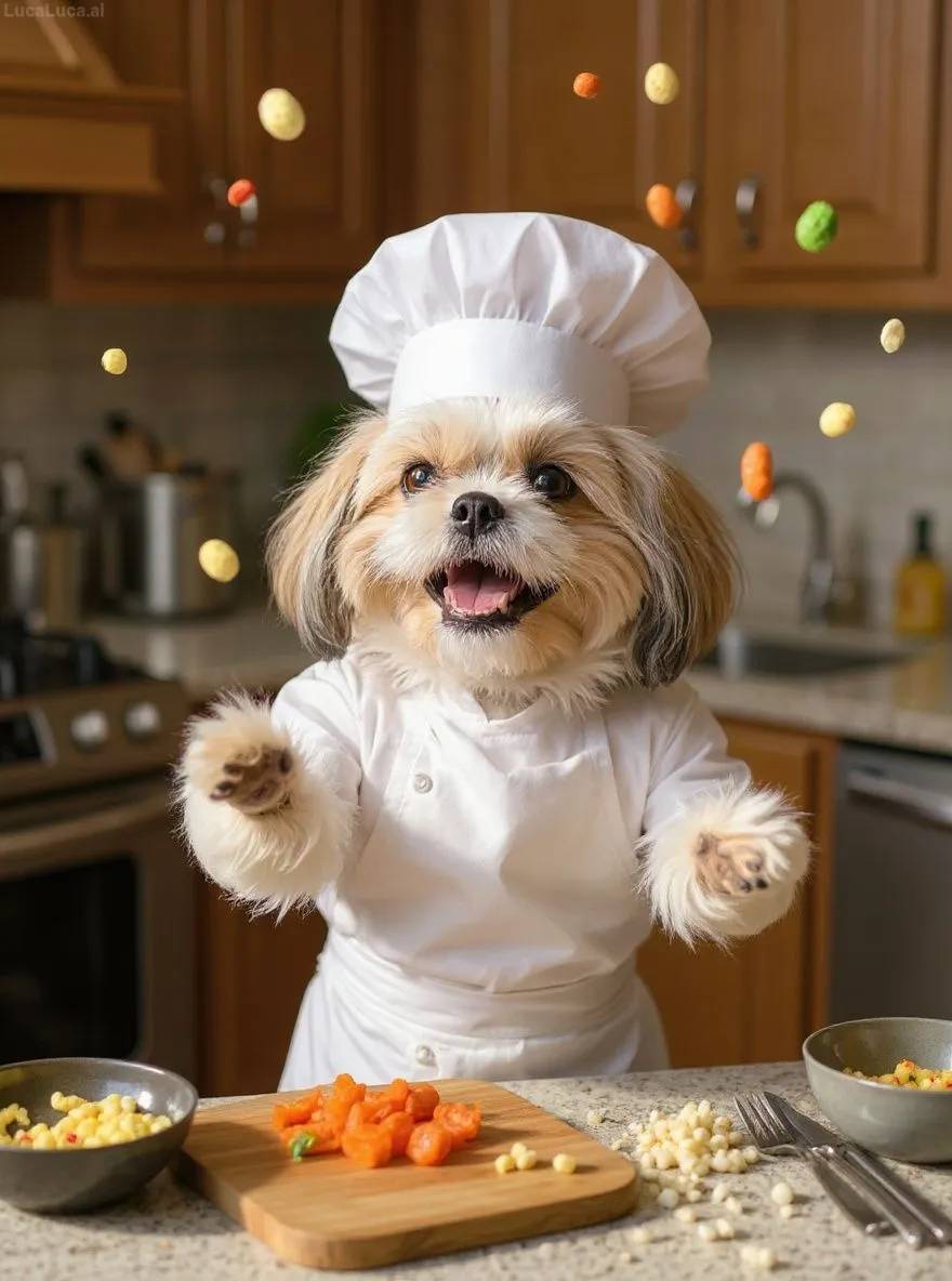 Shih Tzu dog wearing a chef hat and apron tossing ingredients in a kitchen