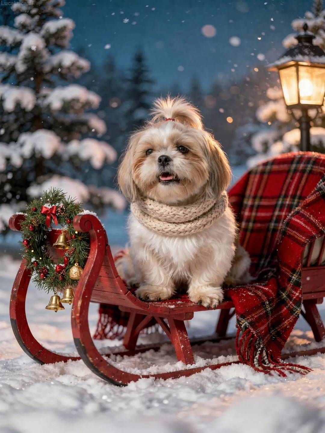 Shih Tzu dog in a red wooden sleigh wrapped in a plaid blanket with snow falling