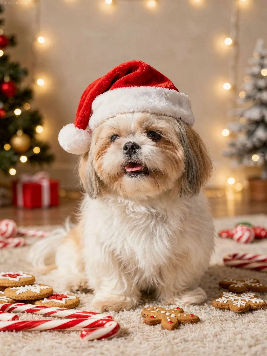 Shih Tzu dog surrounded by cookies, candy canes, and gingerbread with holiday decorations