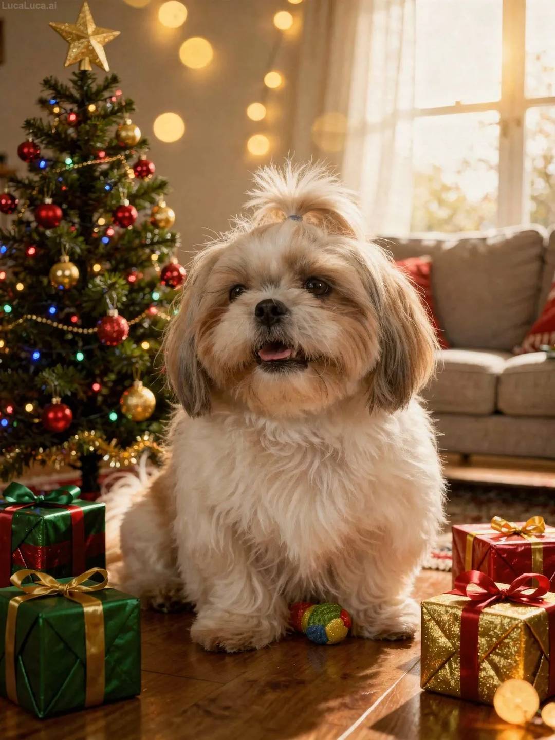 Shih Tzu dog sitting beside a decorated Christmas tree with wrapped presents