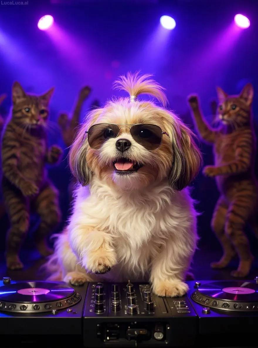 Shih Tzu dog wearing sunglasses with paws on turntables at a nightclub