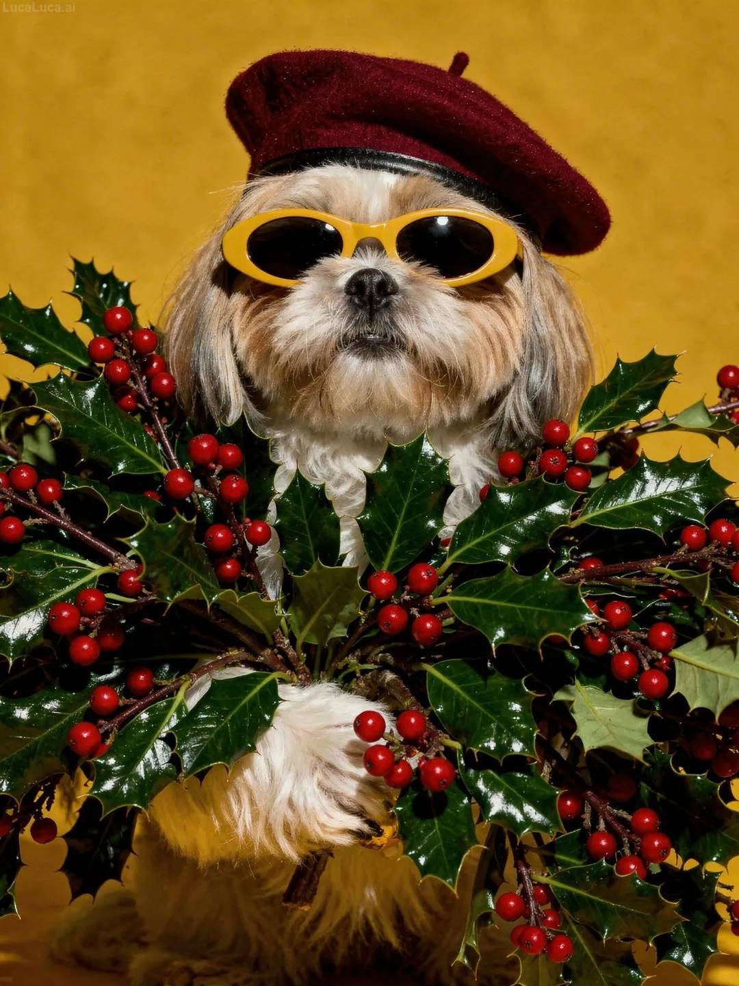 Shih Tzu dog wearing yellow sunglasses and a cranberry beret holding holly branches