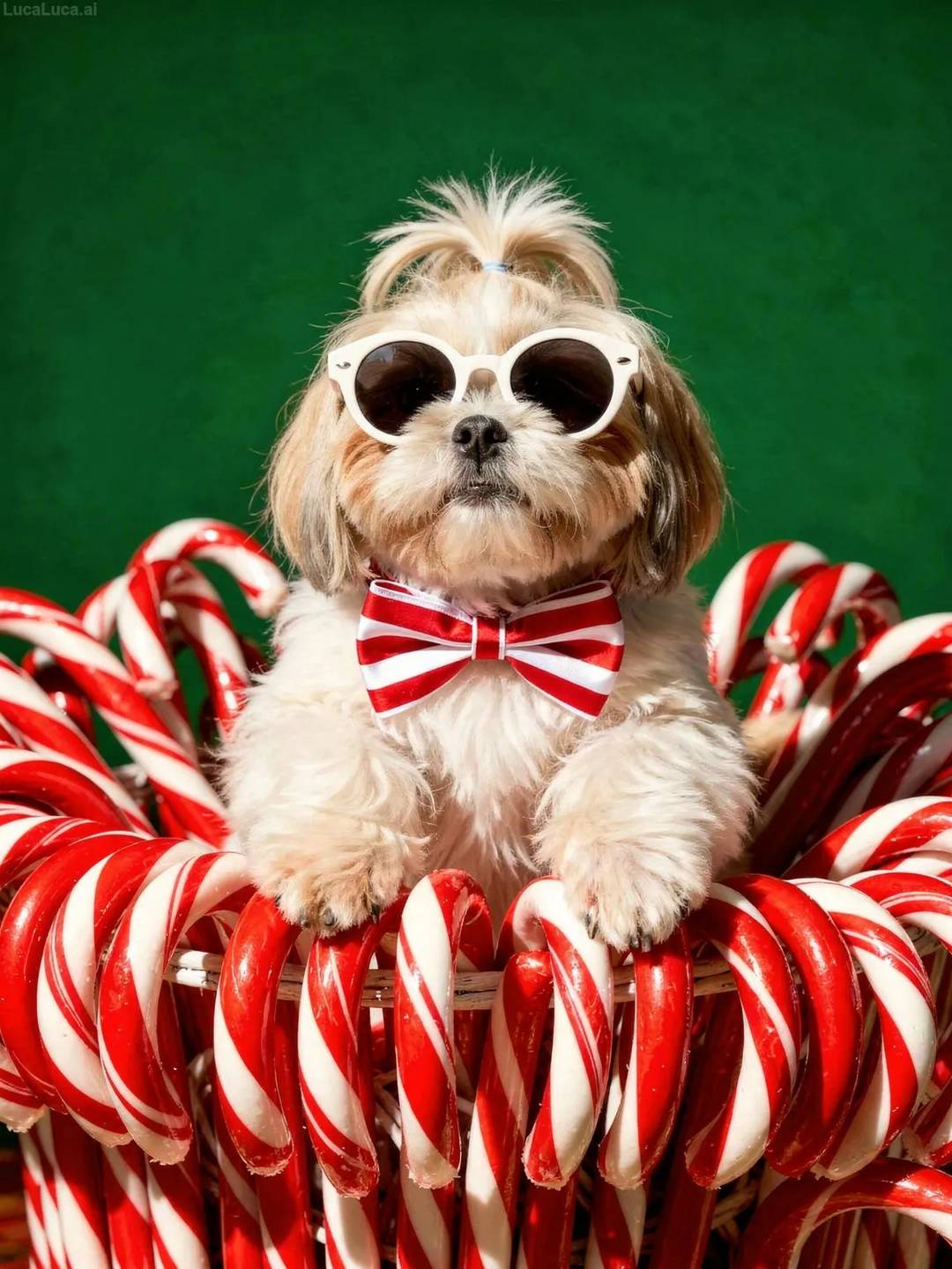 Shih Tzu dog wearing white sunglasses and striped bow tie holding candy canes