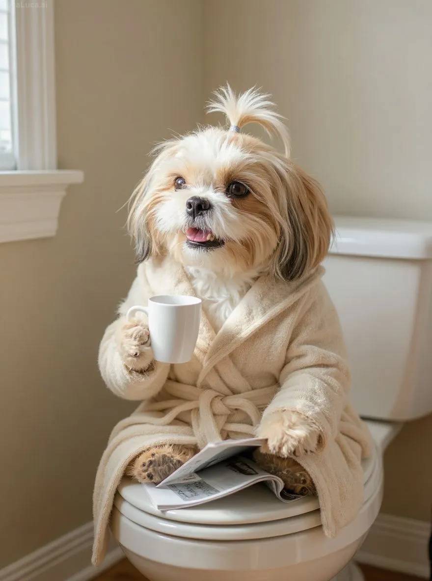 Shih Tzu dog in a robe on a toilet lid drinking from a coffee mug