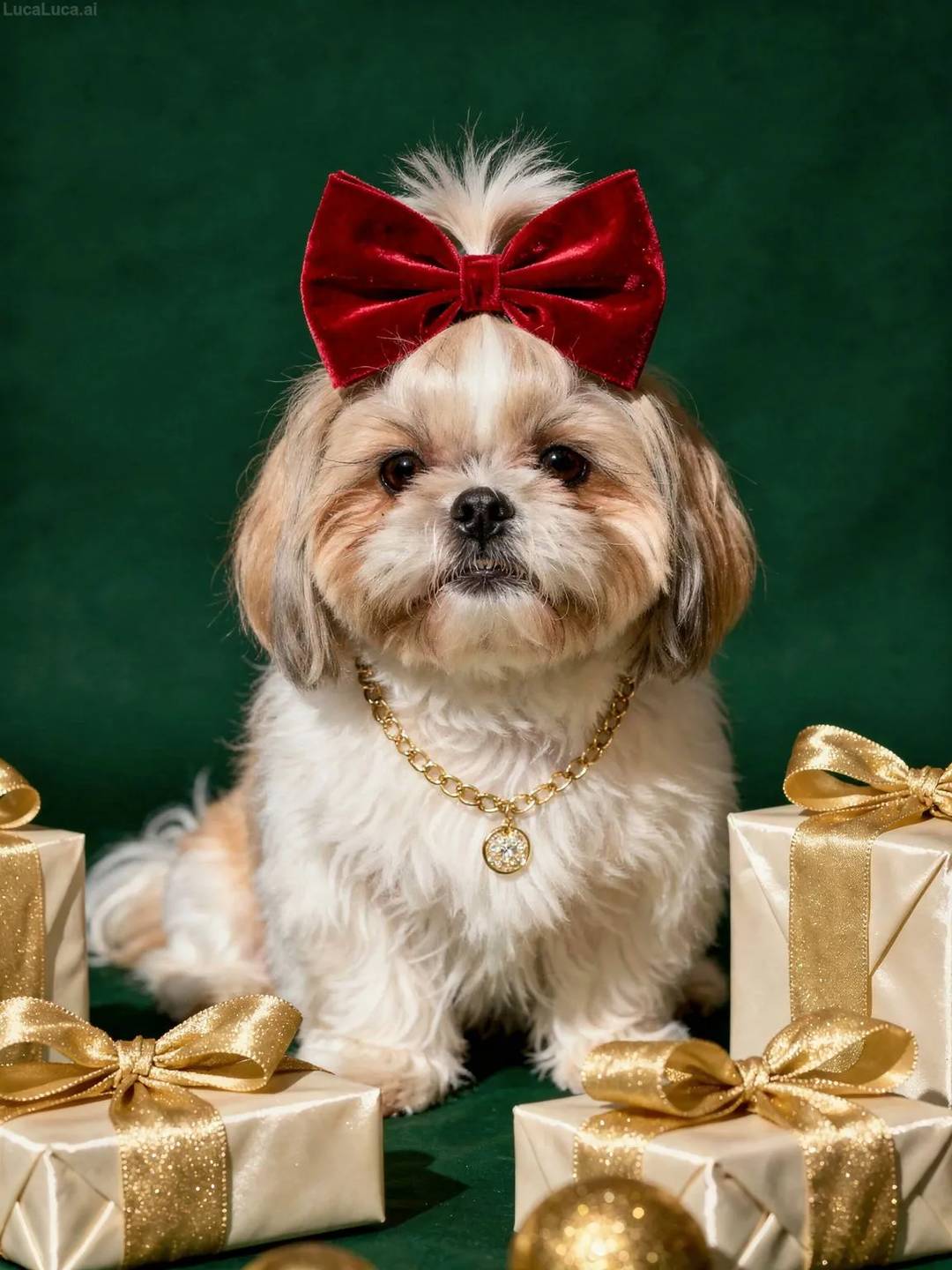 Shih Tzu dog wearing a red velvet bow and gold necklace holding gift boxes