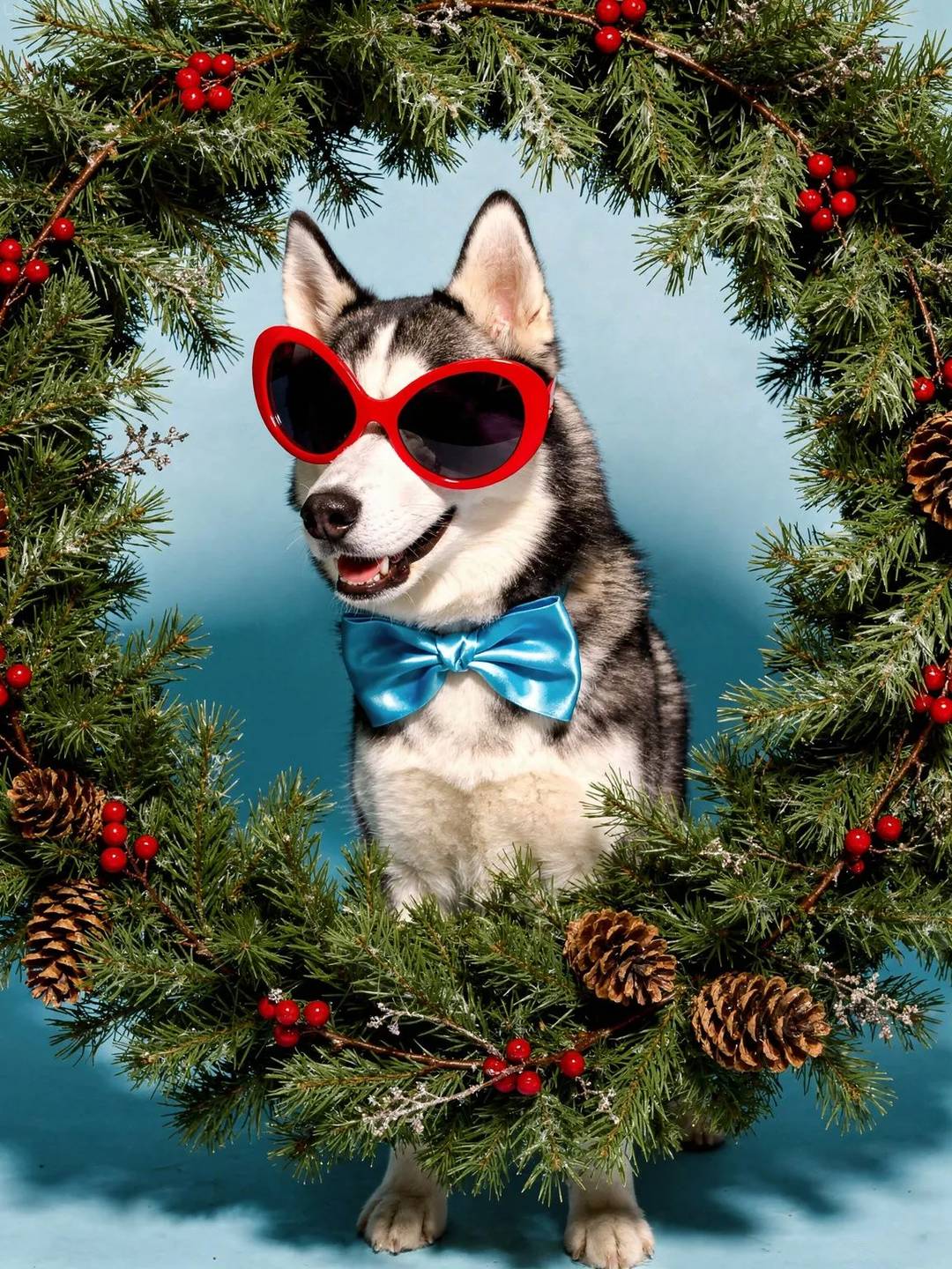 Siberian Husky dog wearing red sunglasses holding a Christmas wreath with berries