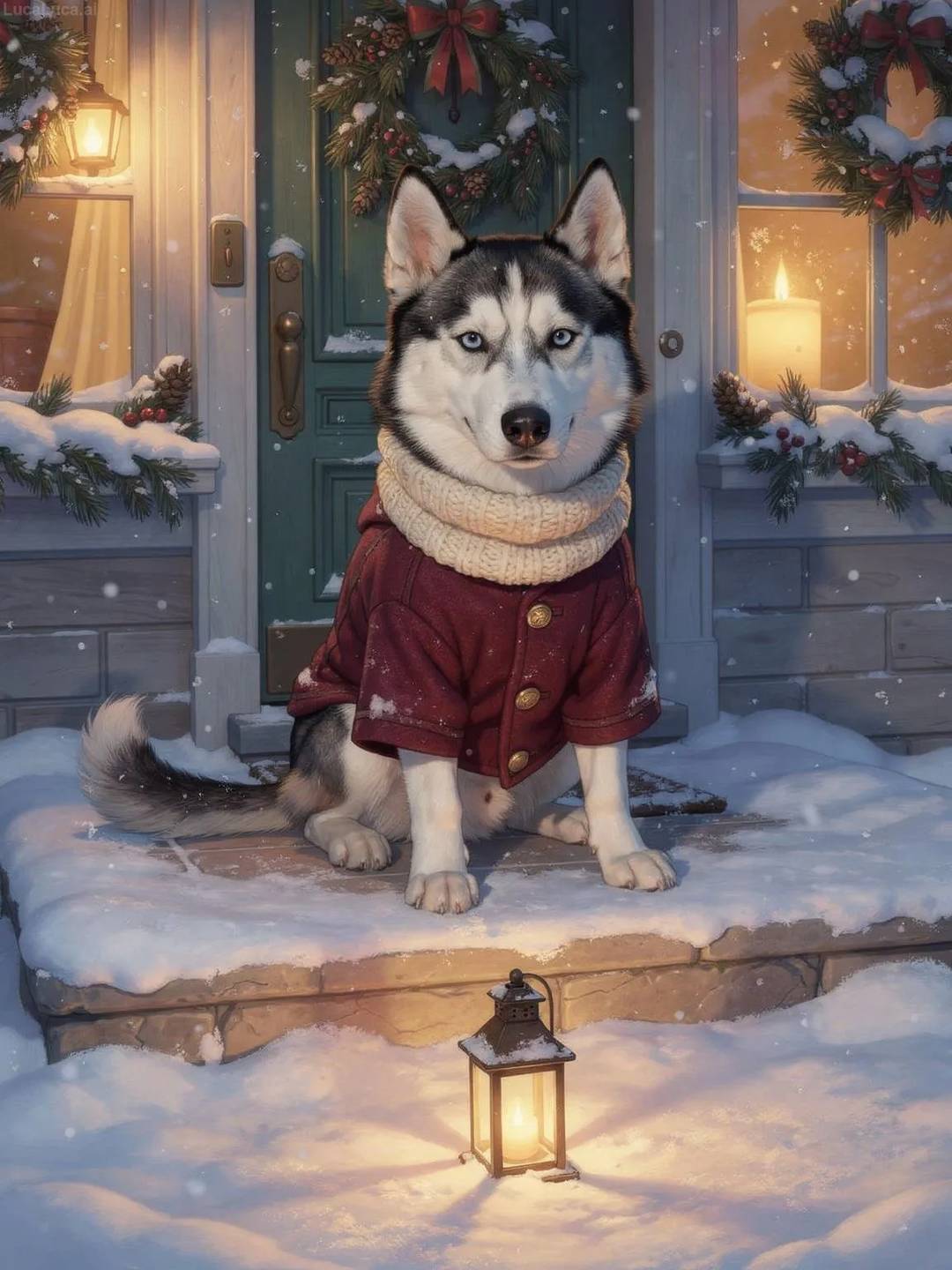 Siberian Husky dog in a burgundy coat holding a candle lantern on a snowy doorstep