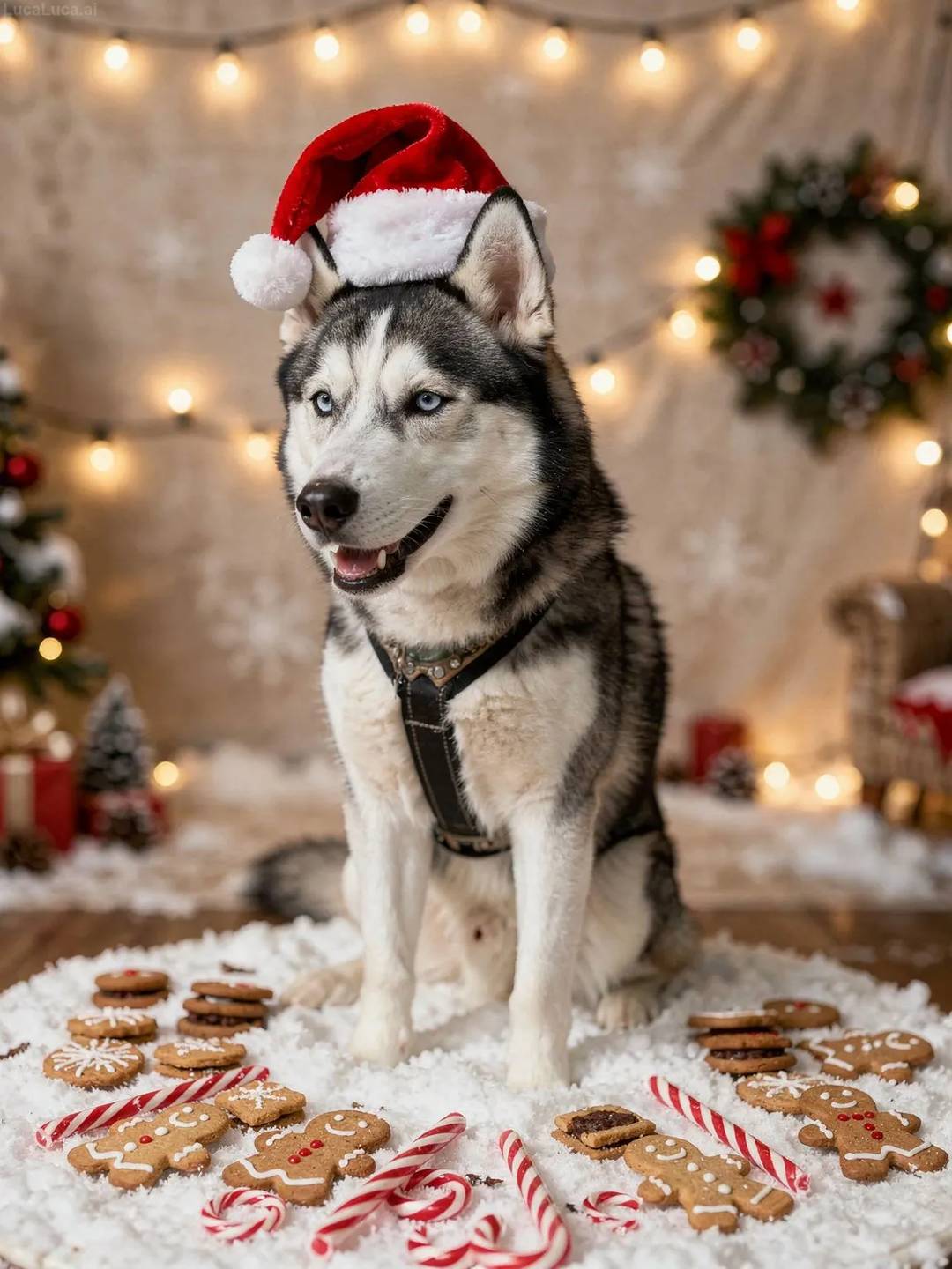 Siberian Husky dog surrounded by cookies, candy canes, and gingerbread with holiday decorations