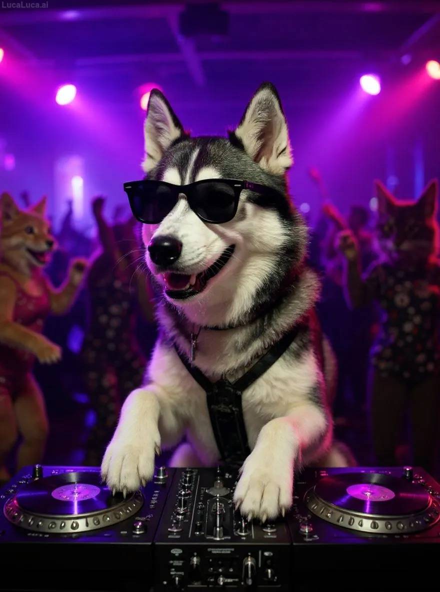 Siberian Husky dog wearing sunglasses with paws on turntables at a nightclub