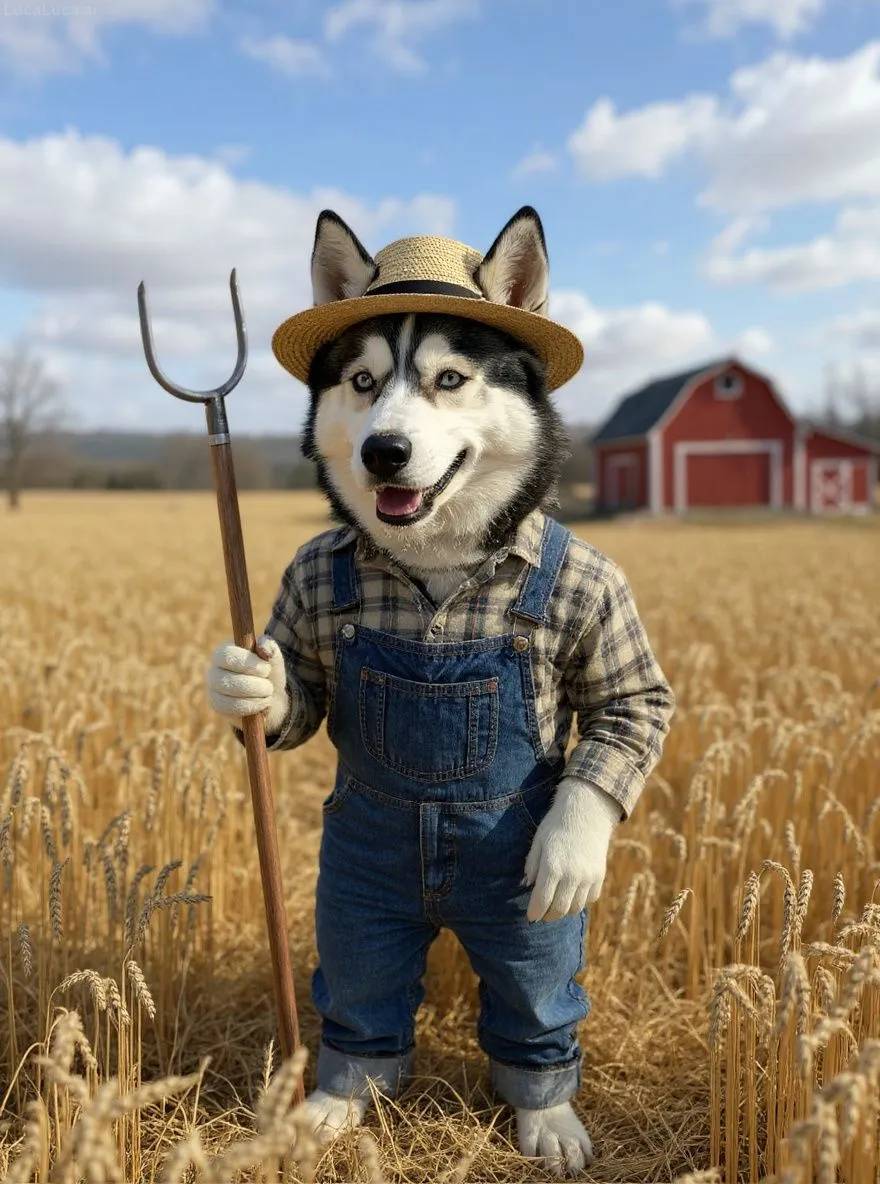 Siberian Husky dog wearing overalls and straw hat holding a pitchfork in a wheat field