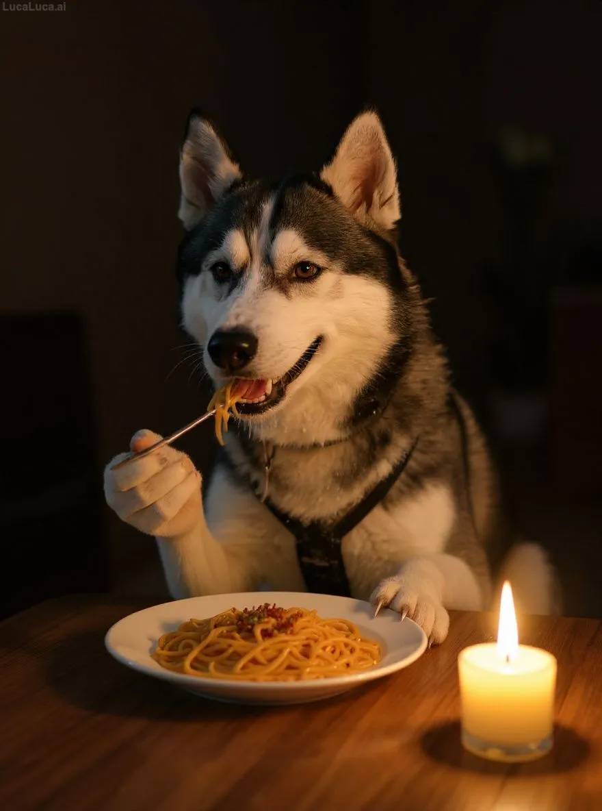 Siberian Husky dog eating spaghetti alone at a candlelit table