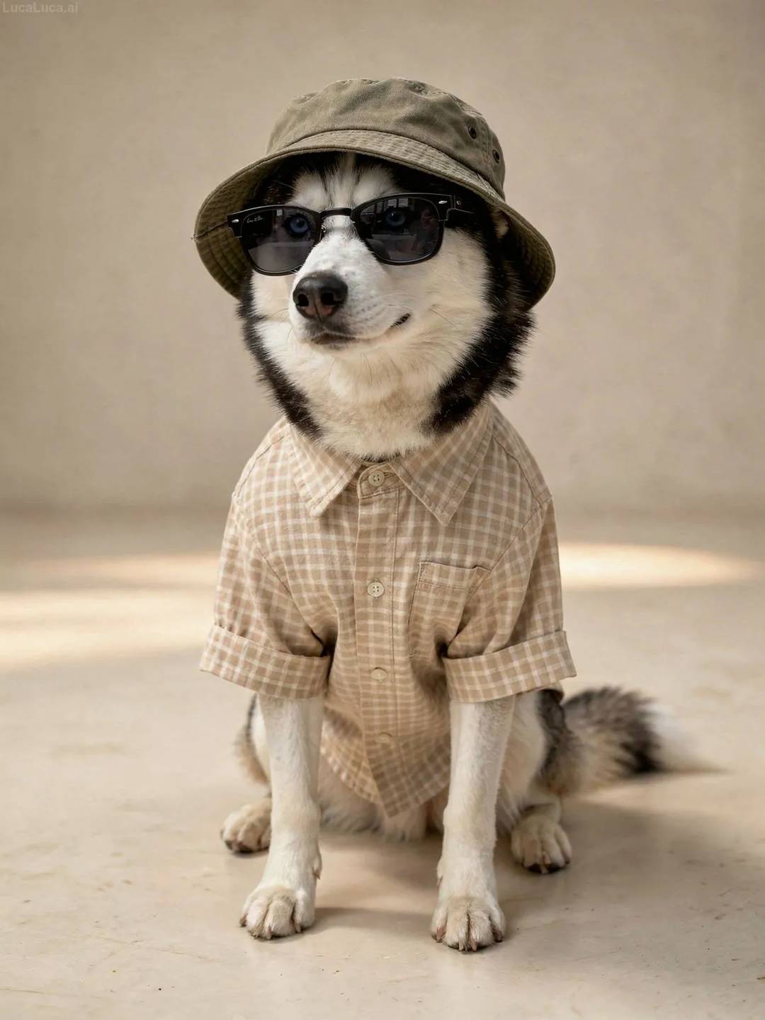 Siberian Husky dog wearing a checkered shirt, sunglasses, and bucket hat in studio