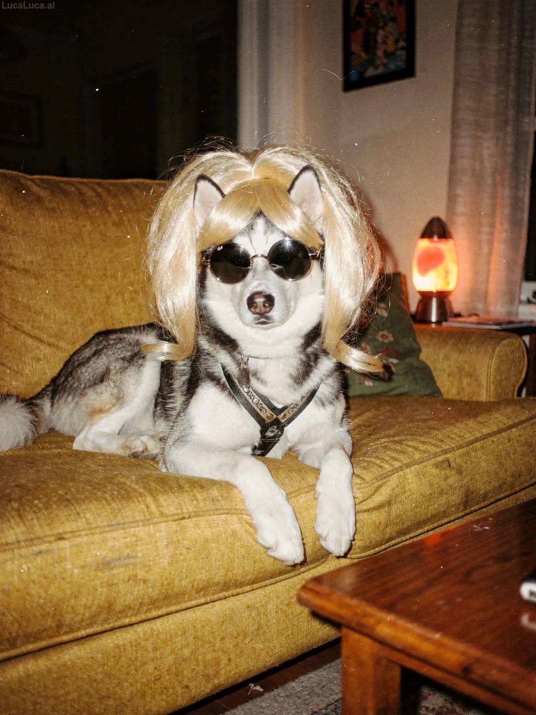 Siberian Husky dog wearing a blonde wig and round sunglasses on a yellow sofa