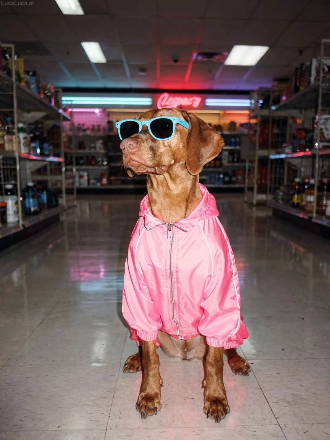 Vizsla dog wearing a neon pink windbreaker and blue sunglasses at night
