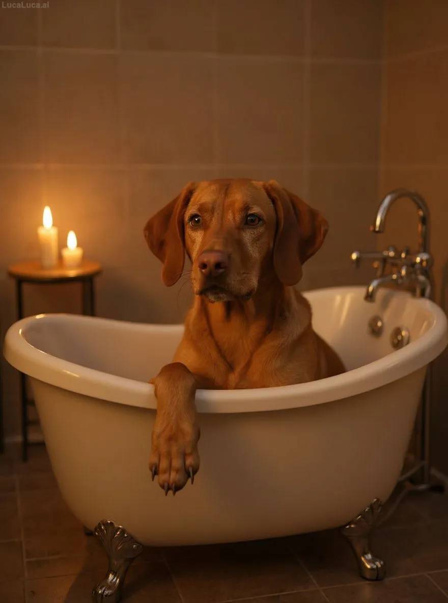 Vizsla dog lying in a bathtub surrounded by candles