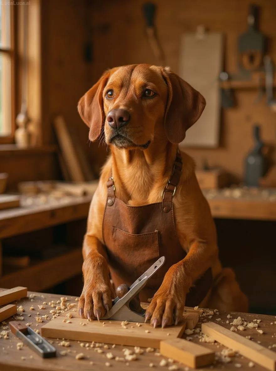 Vizsla dog wearing a leather apron holding woodworking tools in a workshop