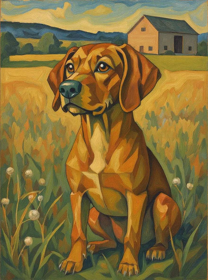 Vizsla dog portrait in cubist style with geometric shapes and bold colors