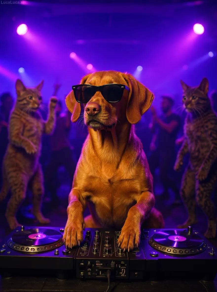 Vizsla dog wearing sunglasses with paws on turntables at a nightclub