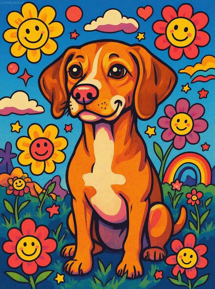 Vizsla dog in Japanese pop art style with smiling flowers and bright colors