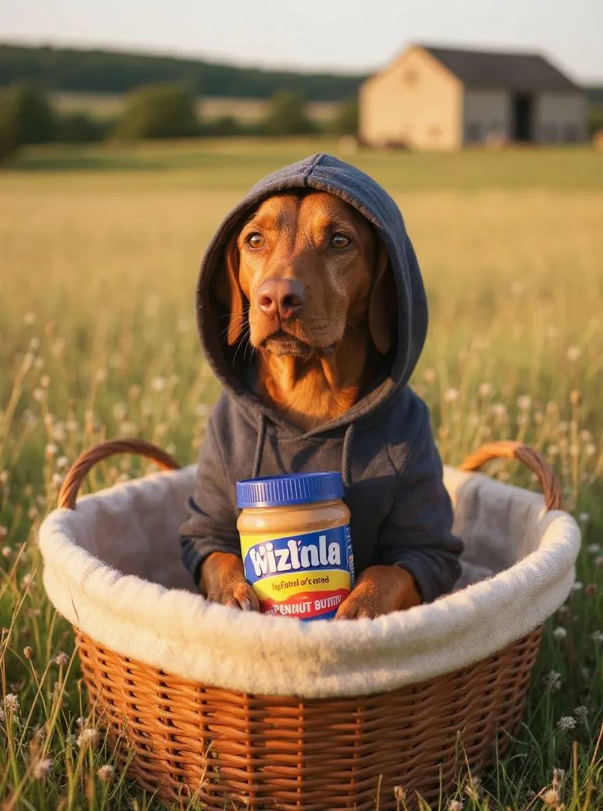 Vizsla dog wrapped in a hoodie in a laundry basket holding peanut butter