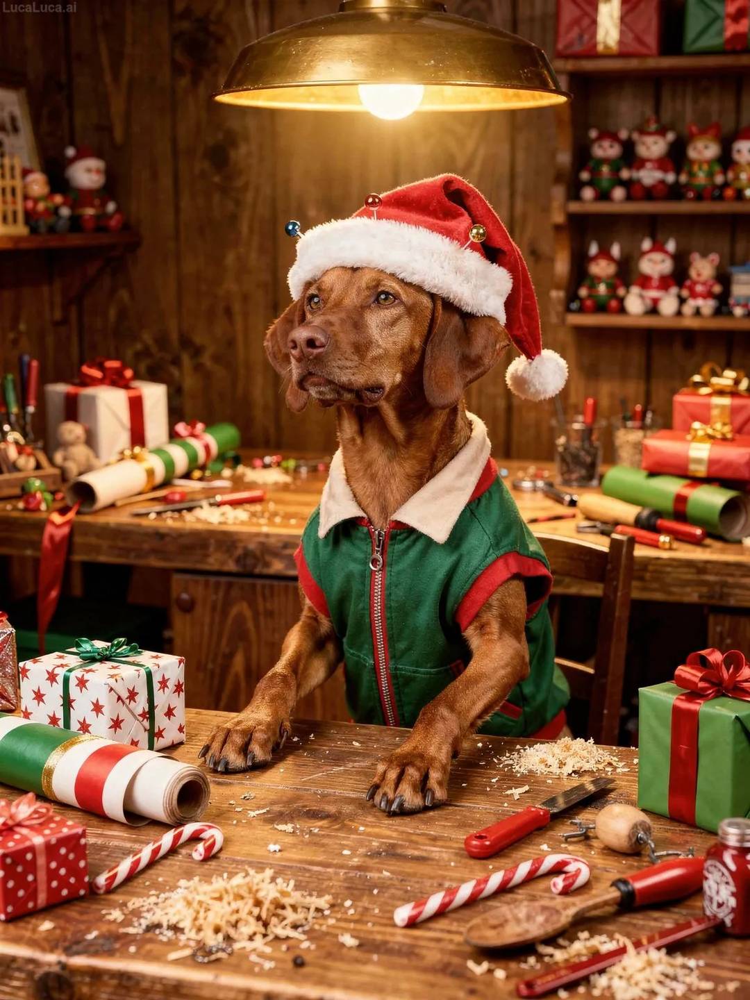 Vizsla dog wearing an elf hat at a workshop table surrounded by wrapped gifts