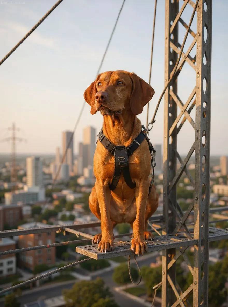 Vizsla dog in work overalls on an electrical tower holding tools