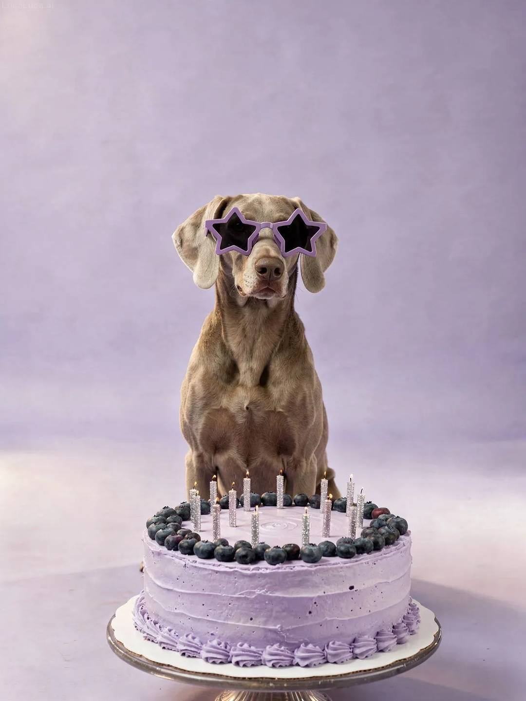Weimaraner dog wearing purple star sunglasses with a lavender cake