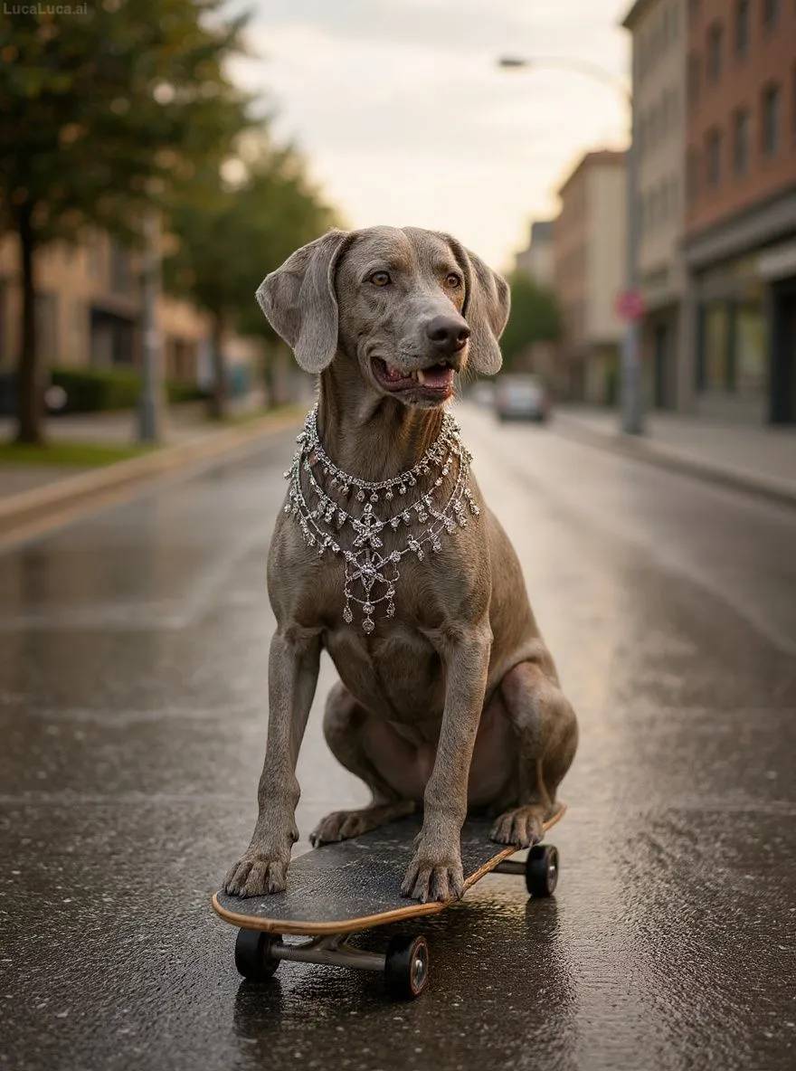 Weimaraner dog as a blinged-out skater cruising down a chrome street