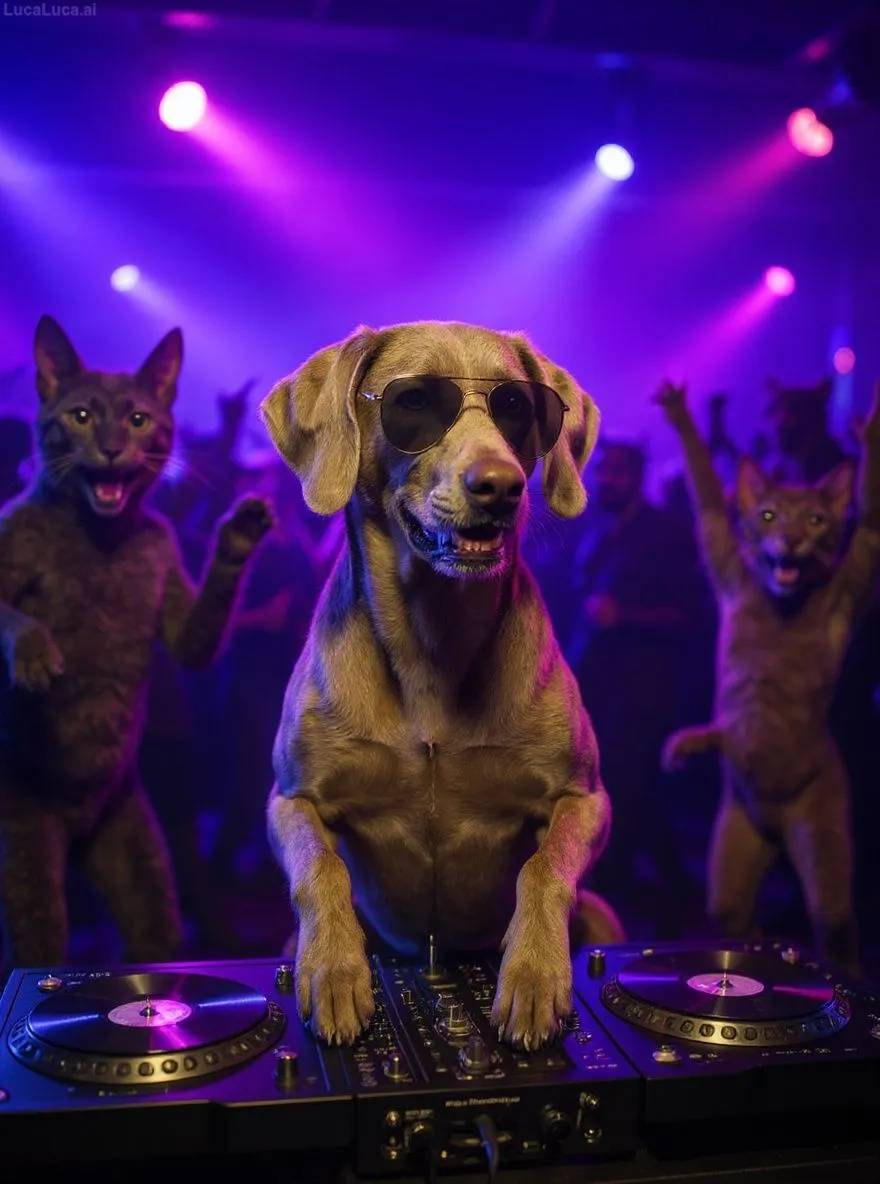 Weimaraner dog wearing sunglasses with paws on turntables at a nightclub
