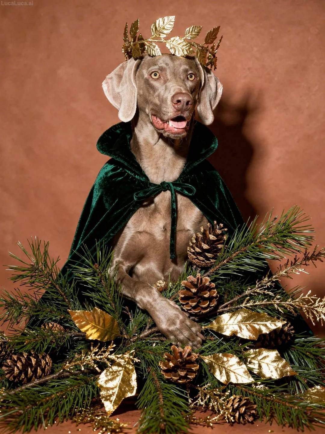 Weimaraner dog wearing a gold leaf crown and emerald cape holding pine branches