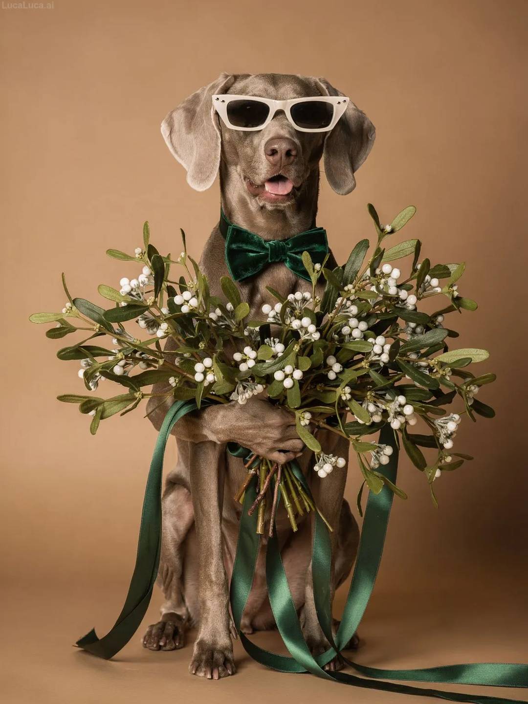Weimaraner dog wearing white cat-eye sunglasses holding a bundle of mistletoe