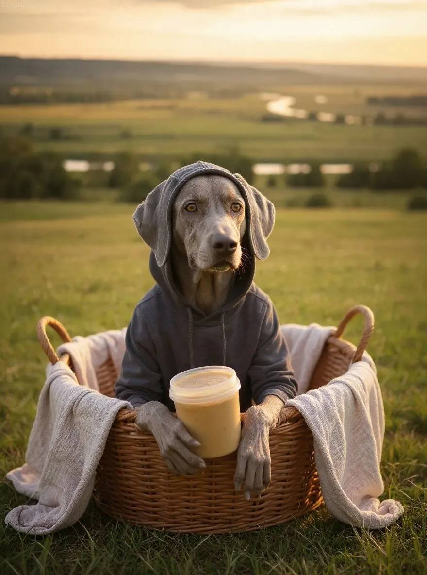 Weimaraner dog wrapped in a hoodie in a laundry basket holding peanut butter