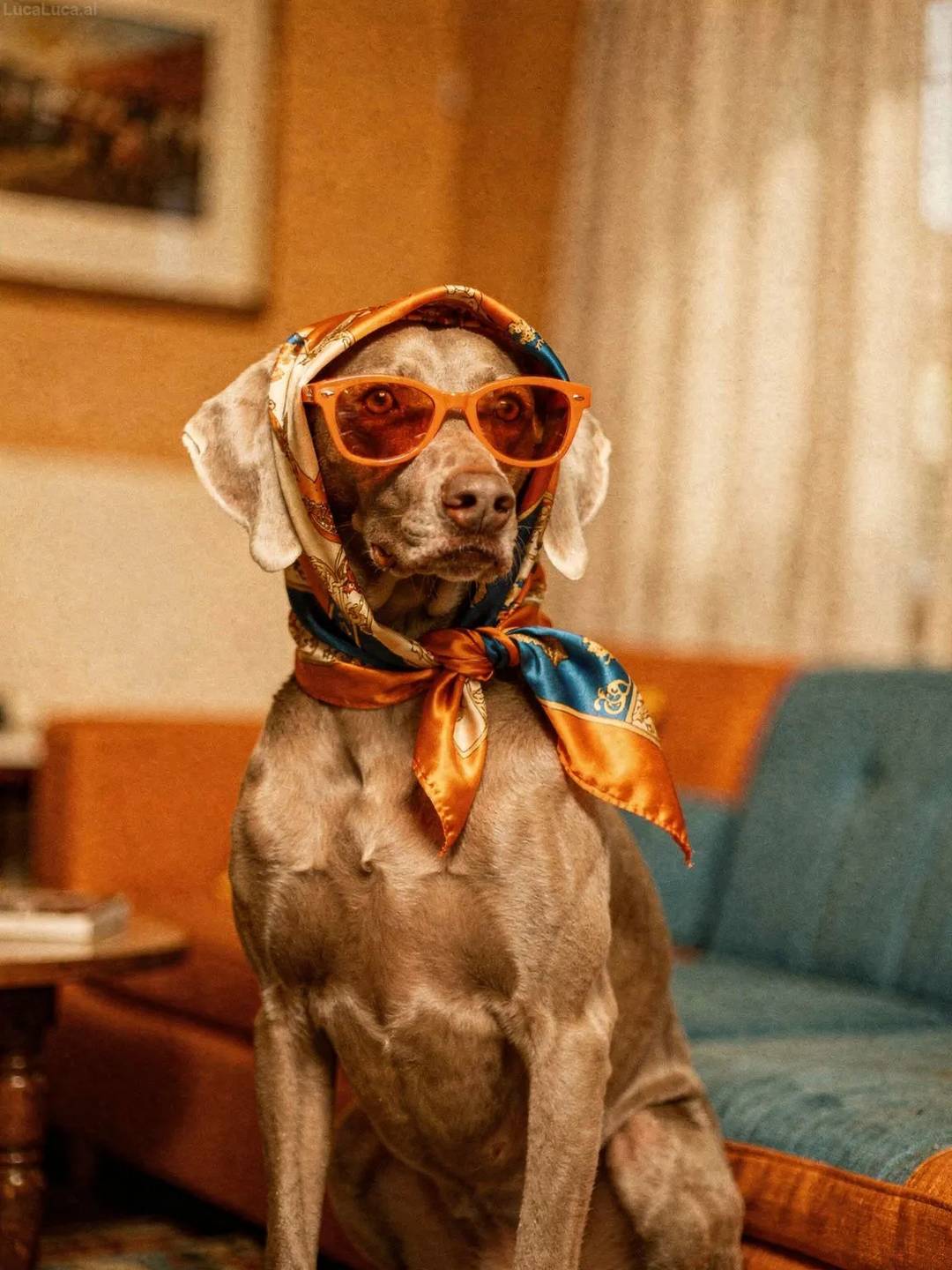 Weimaraner dog wearing orange sunglasses and a silky patterned headscarf