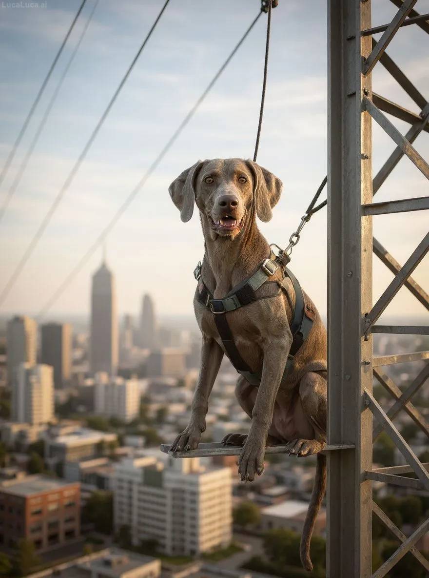 Weimaraner dog in work overalls on an electrical tower holding tools