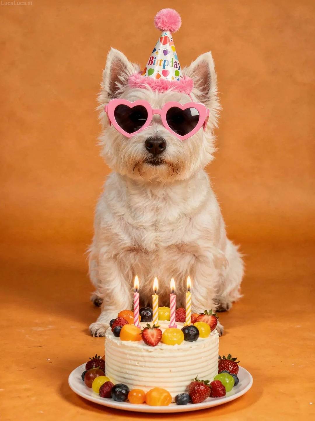 West Highland White Terrier dog wearing pink heart sunglasses and party hat with a fruit cake