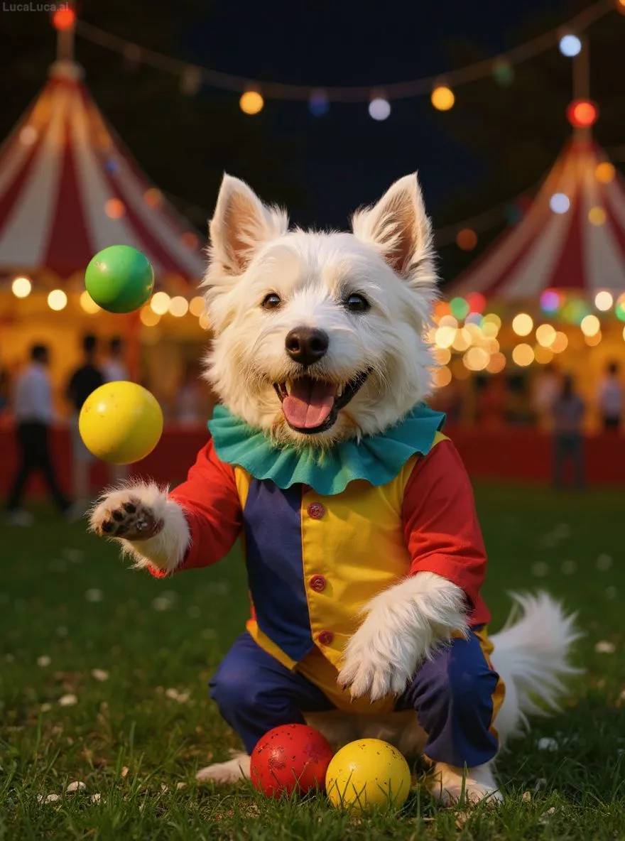 West Highland White Terrier dog in a colorful clown costume juggling balls at a circus