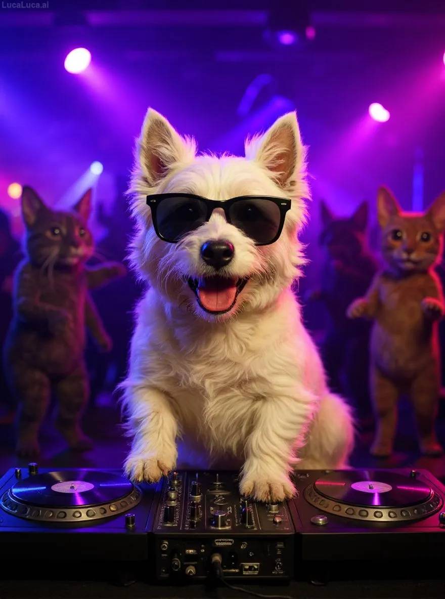West Highland White Terrier dog wearing sunglasses with paws on turntables at a nightclub