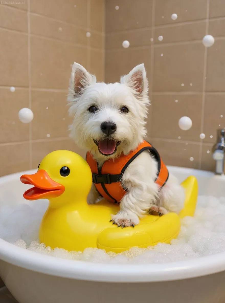 West Highland White Terrier dog wearing a tiny life jacket riding a giant rubber duck in bubbles