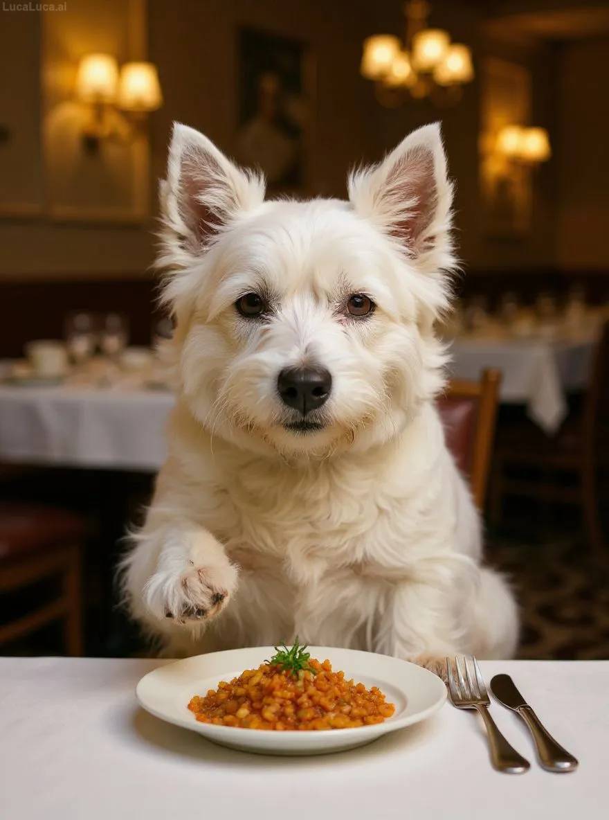 West Highland White Terrier dog at a fancy restaurant table judging a gourmet dish