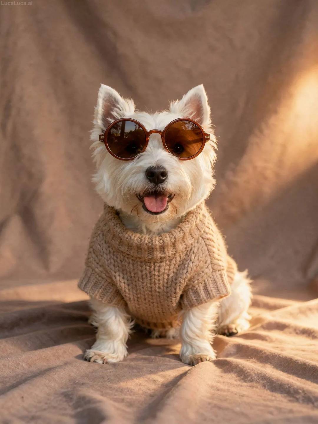 West Highland White Terrier dog wearing a chunky beige knit sweater and brown sunglasses