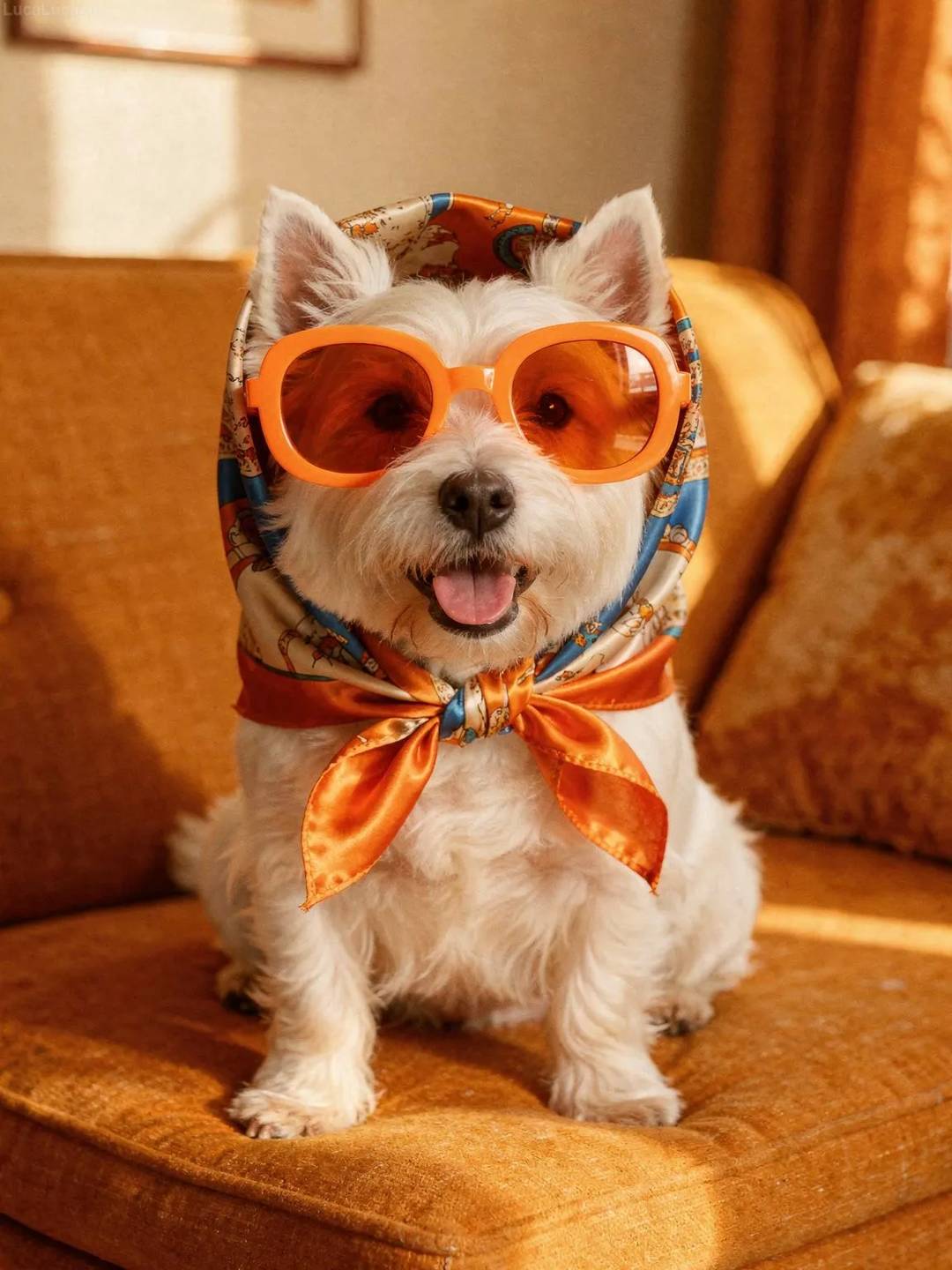 West Highland White Terrier dog wearing orange sunglasses and a silky patterned headscarf