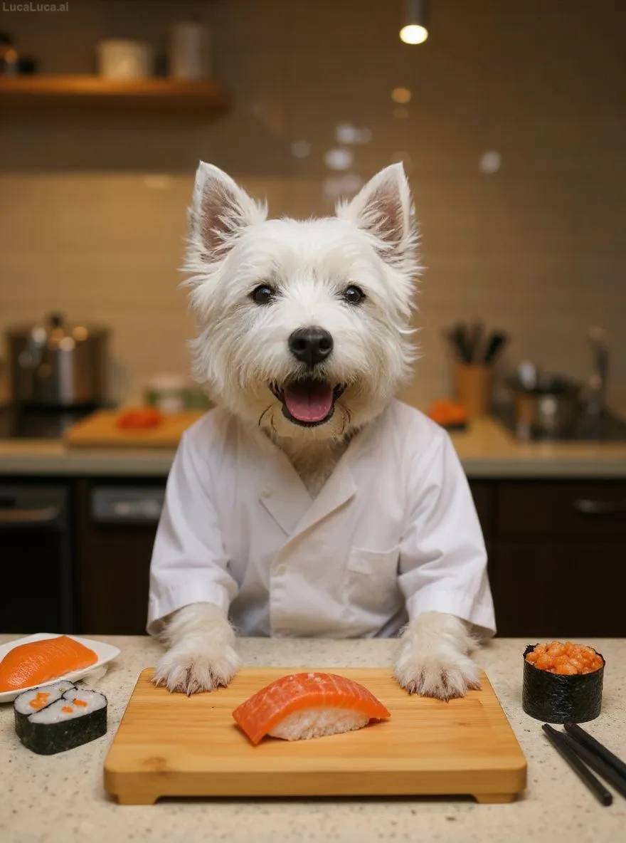 West Highland White Terrier dog in traditional sushi chef costume behind a sushi counter