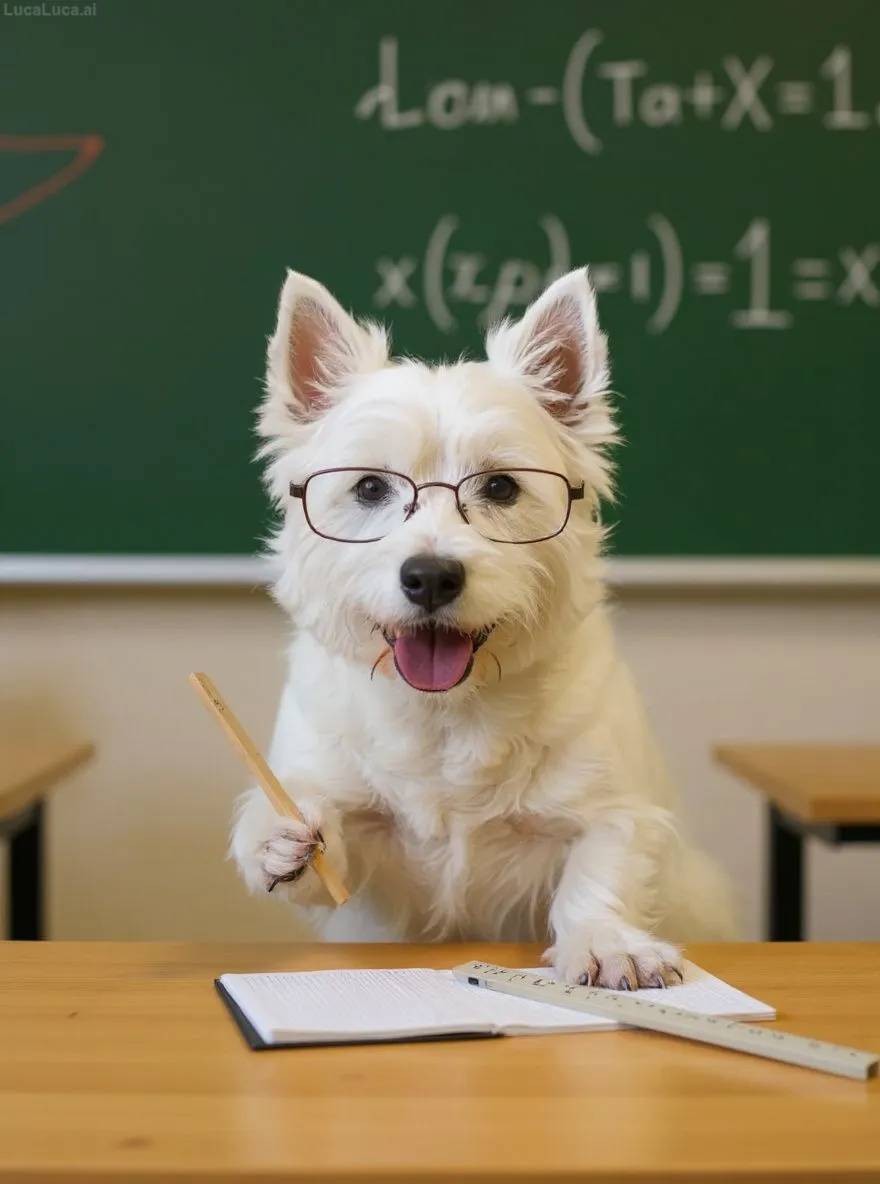 West Highland White Terrier dog wearing glasses pointing at a chalkboard with equations