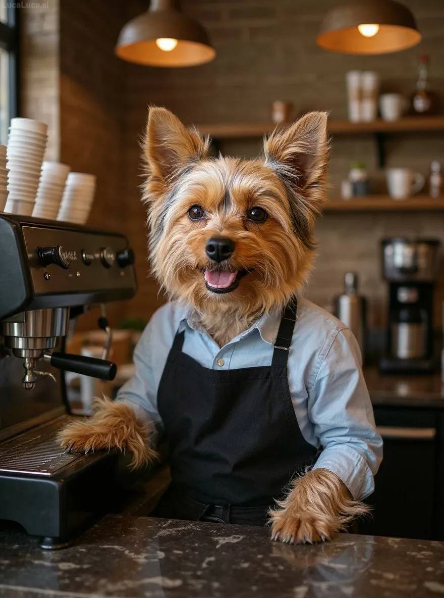 Yorkshire Terrier dog wearing an apron operating an espresso machine in a coffee shop