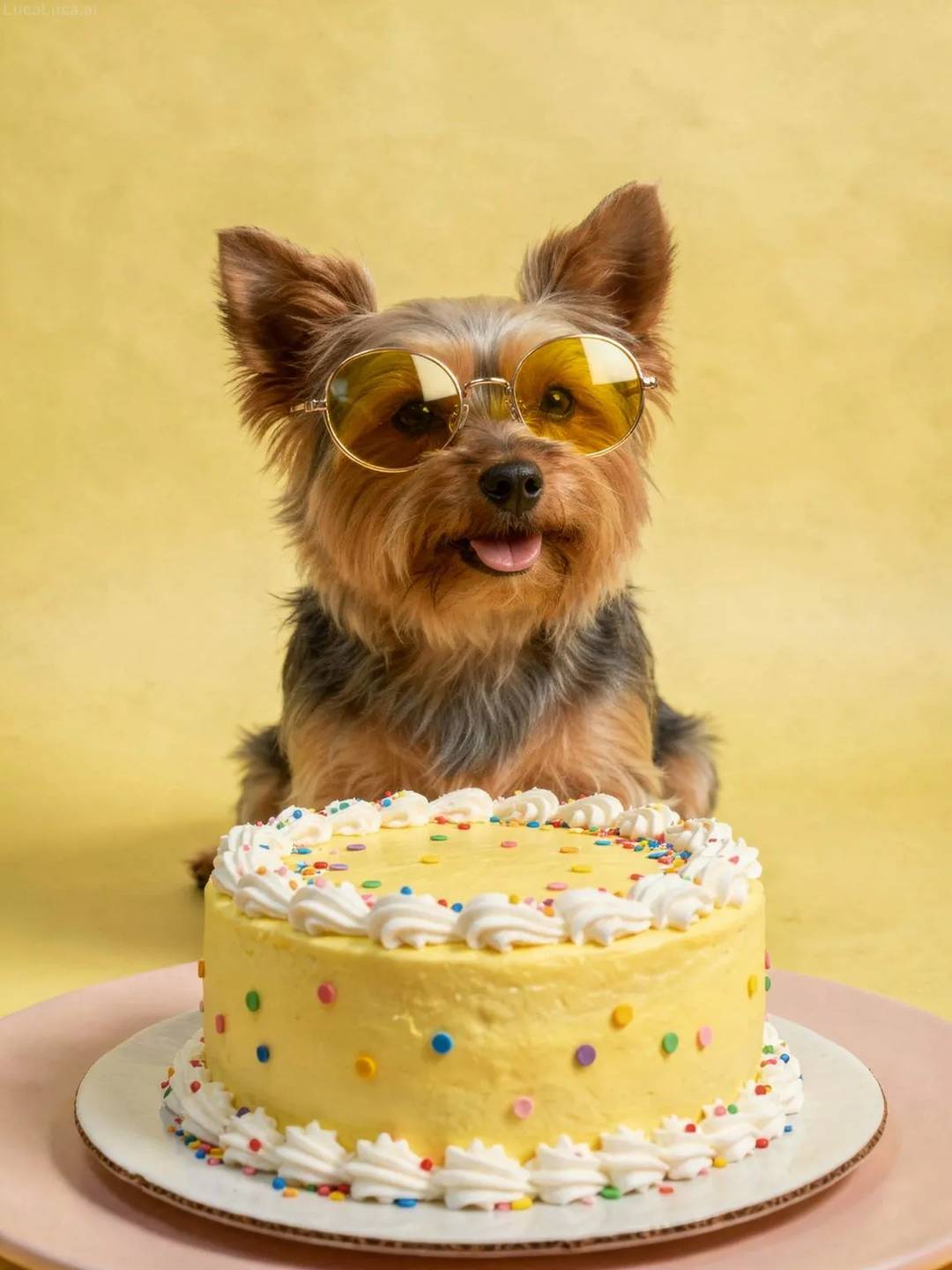 Yorkshire Terrier dog wearing yellow sunglasses with a lemon-yellow cake and confetti