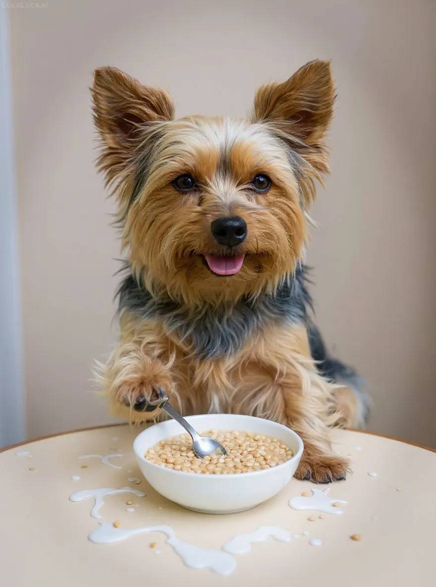 Yorkshire Terrier dog sitting at a table with a bowl of cereal and spilled milk