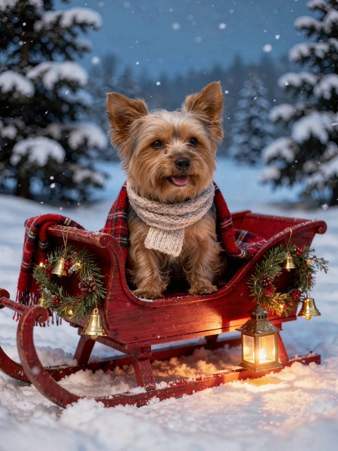 Yorkshire Terrier dog in a red wooden sleigh wrapped in a plaid blanket with snow falling