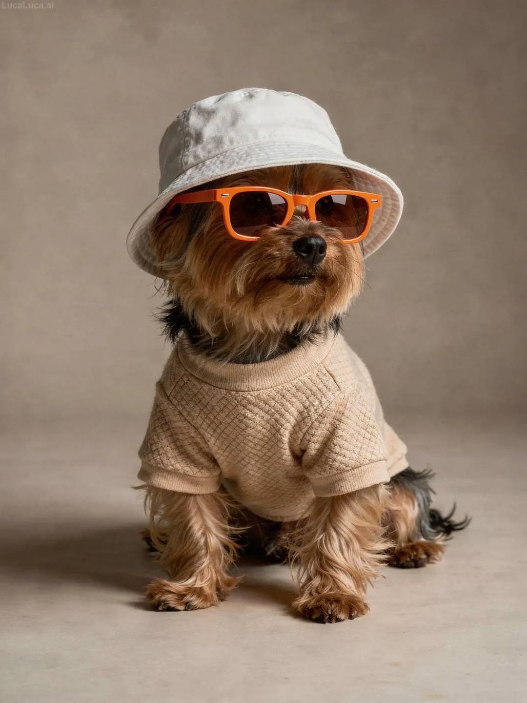 Yorkshire Terrier dog wearing a beige shirt, sunglasses, and bucket hat in studio lighting