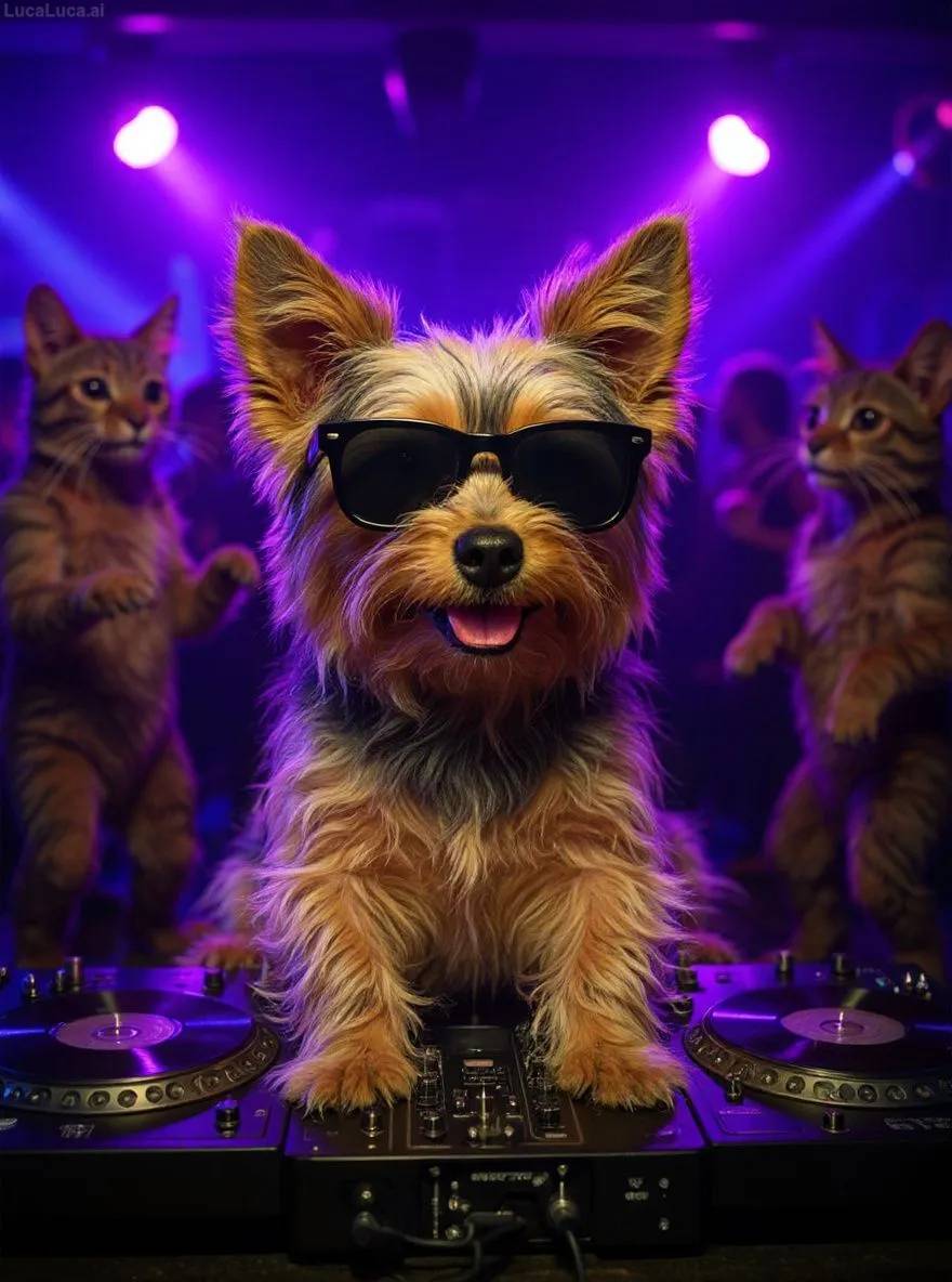 Yorkshire Terrier dog wearing sunglasses with paws on turntables at a nightclub