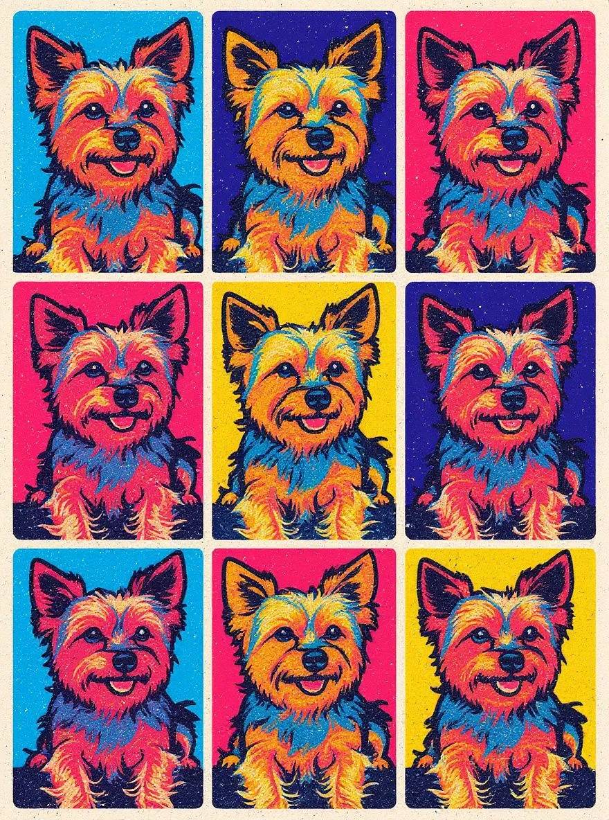 Yorkshire Terrier dog portrait in pop art style repeated in a colorful grid
